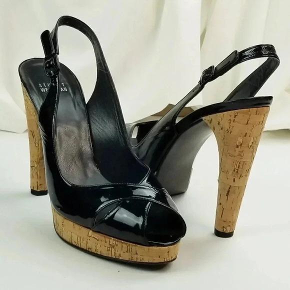 Stuart Weitzman 10M Exsling Peep Toe Slingback Cork Platform Heels Black Patent - Picture 8 of 12